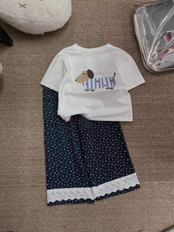  Set Áo Thun Trắng  Cún  Kèm Quần Dài Xanh Đen Lá Nhí Phối Ren 70E Dành Cho Bé Gái 