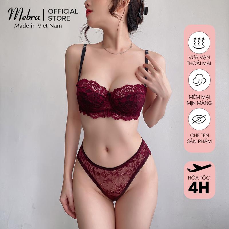  Set đồ lót ren nữ Mebra đỏ mận áo cup ngang có gọng tặng mút mỏng lắp rời quần lót cánh tiên gợi cảm 