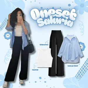 Setelan One Set 3in1 Lengan Panjang Kemeja Salur Biru + Loose Pant + Kaos Putih Korean Style Wanita Remaja BC15