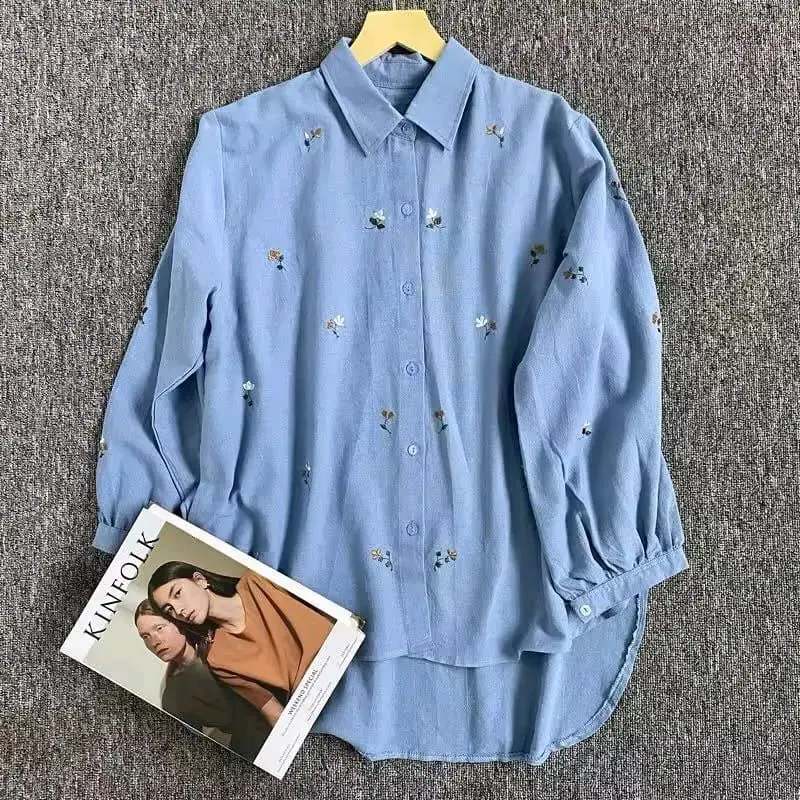 Kemeja Bordir Wanita Motif Bunga Denim