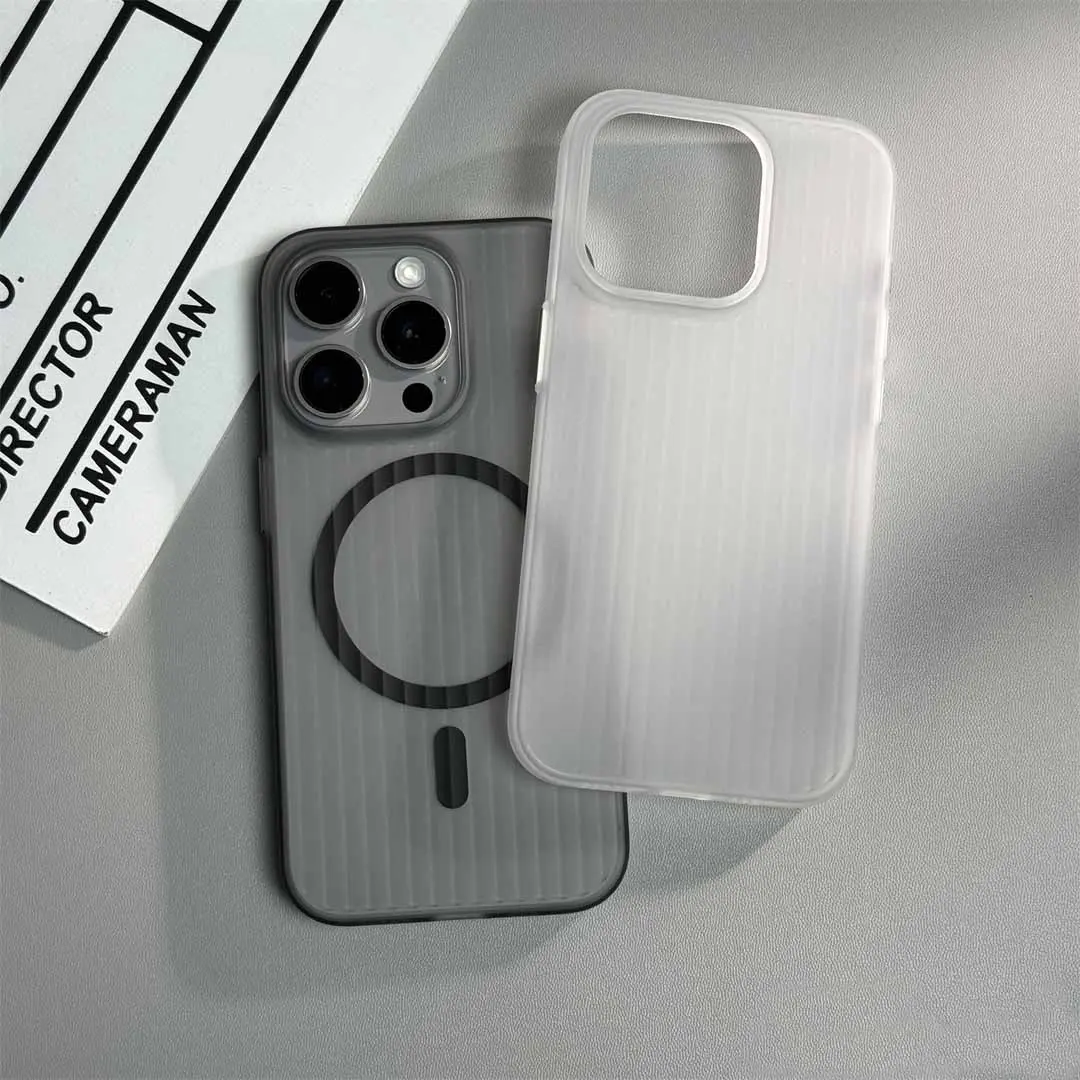 Luxury Striped Matte Translucent Hard Anti Drop Phone Case Suitable For iPhone 13 14 15 Pro Max Phone Case Magsafe Wireless Charging Matte Ultra-thin PC Phone Casing