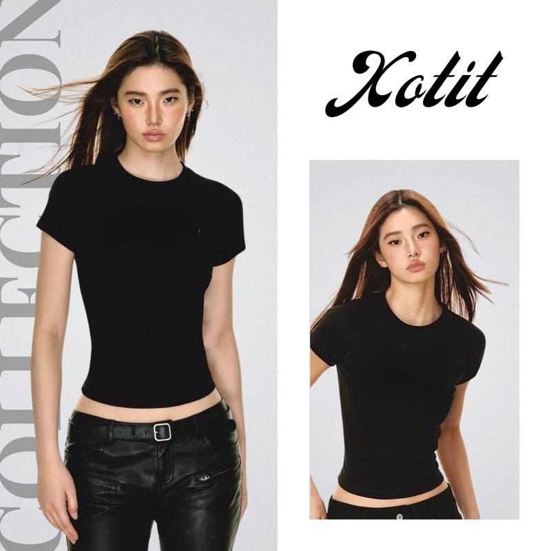 XOTIT Áo Thun Nữ Baby Tee Basic Trơn Ôm Body Freesize Dưới 50kg Chất Thun Cotton Co Giãn Tôn Dáng Màu Đen Trắng Xám XOTIT