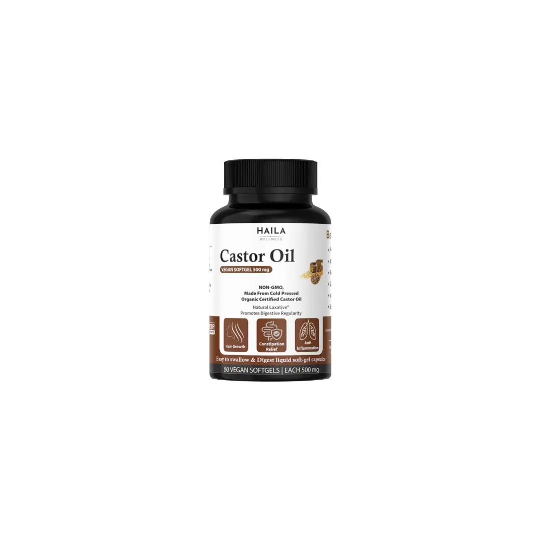Haila Wellness Castor Oil Vegan Softgels 60's - Digestive Health - Made Using Organic Cold Pressed Castor Oil
