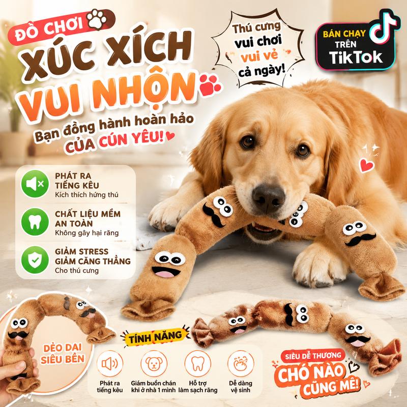 Đồ chơi phát âm thanh khi ấn cho chó cưng, đồ chơi nhai bằng lông mềm mô phỏng hình xúc xích, giúp giảm sự nhàm chán, tự giải trí và luyện giác quan ngửi, phù hợp cho chó Teacup, chó Pug Pháp và chó Golden Retriever.