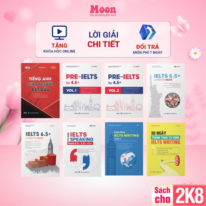 Sách ielts cho người mới bắt đầu từ 0 - 6.5+, sách tiếng anh luyện thi Ielts moonbook