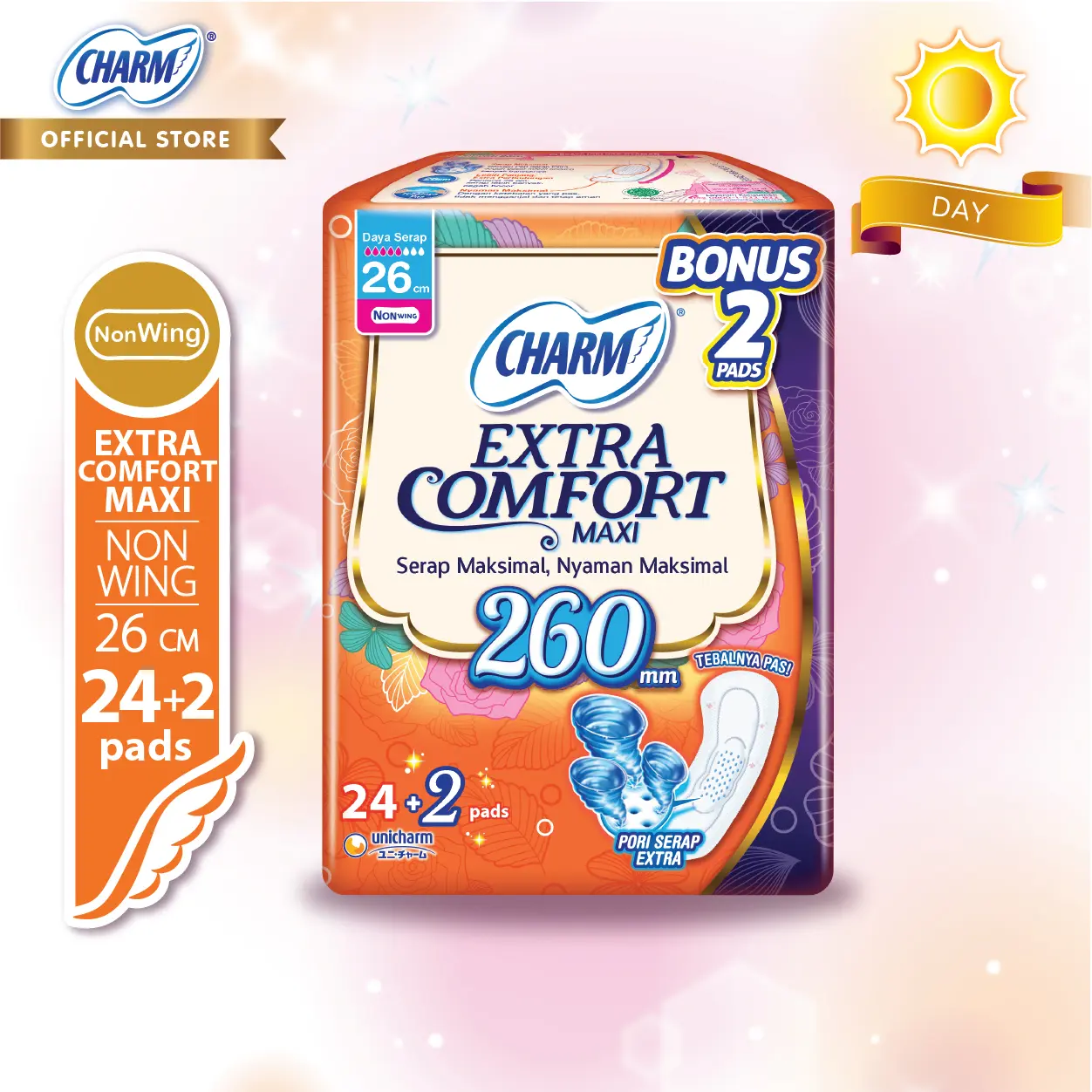 Charm Pembalut Extra Comfort Maxi 26cm Non Wing 24+2 pads