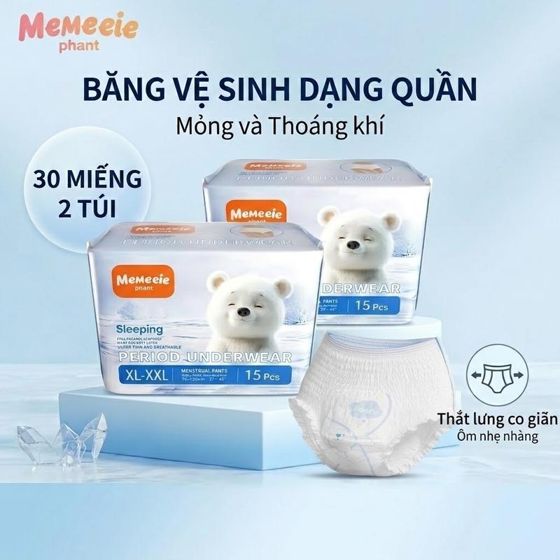 Băng vệ sinh dạng quần Memeeie Combo 30 Miếng | Chống tràn 360º, thấm hút tức thì, êm ái thoáng khí | Chất lượng, cho bé gái, mẹ bầu & sau sinh (40-115kg)
