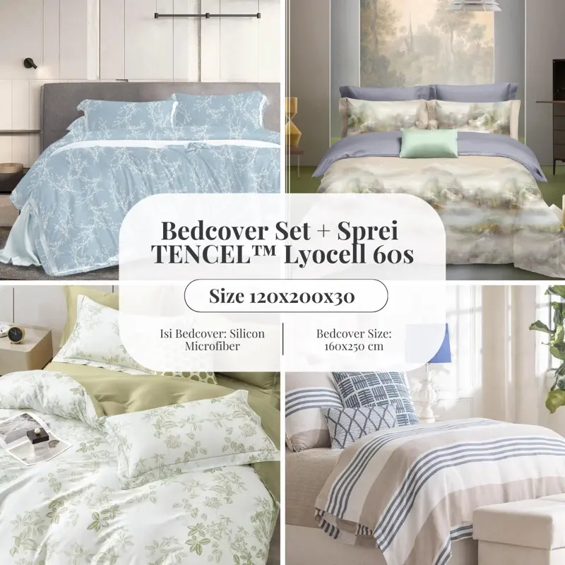 Bedcover Set + Sprei Ukuran 120 Tinggi 30 - TENCEL(TM) Lyocell 60s Isi Microfiber Bantal Karet Sarung Tali King 0