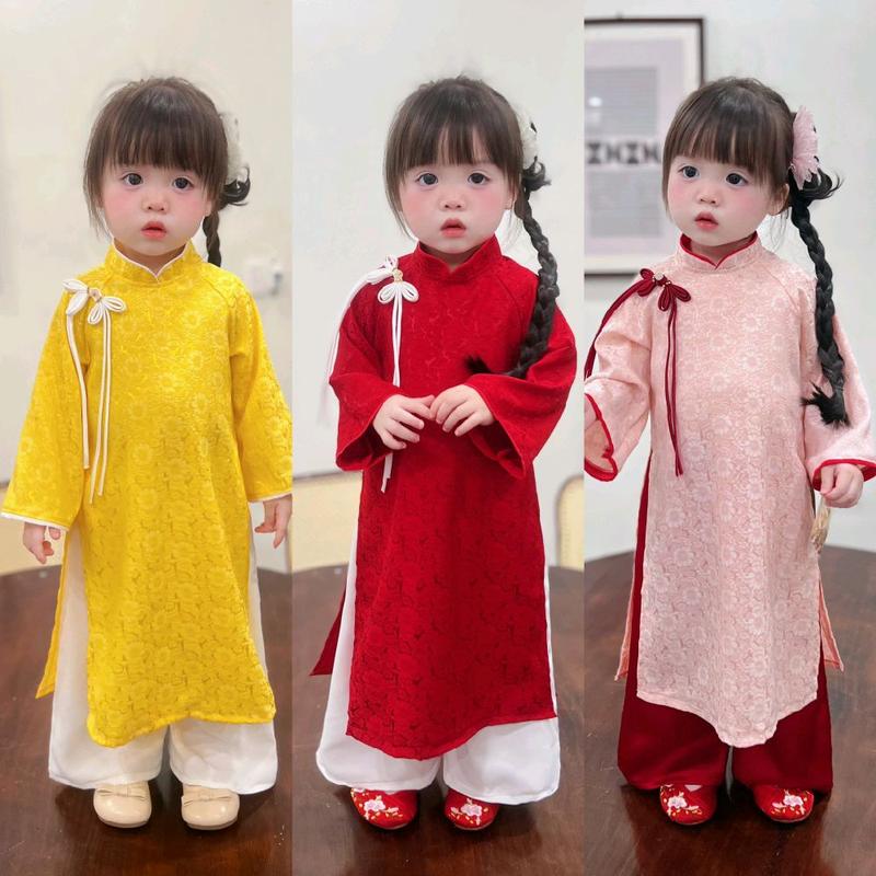 Nhasockids× Tặng bờm ngọc Áo dài mẹ bé chất liệu lụa gấm hoa cao cấp kèm quần ống sớ