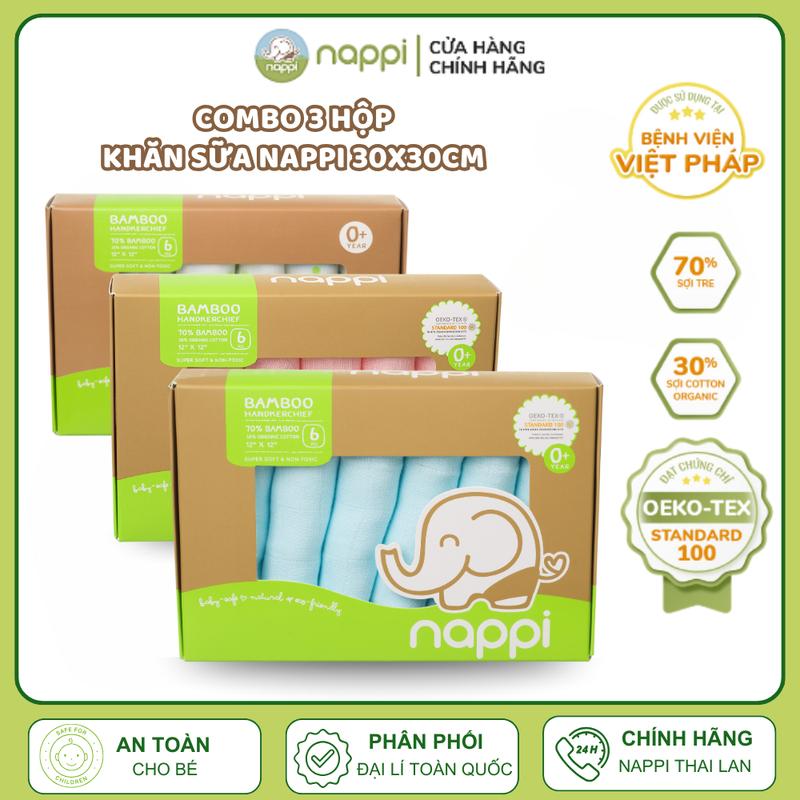 Nappi Combo 3 Hộp Khăn Sữa Sợi Tre Organic Cotton (30x30cm), Khăn Sữa Nappi Cao Cấp  Cho Bé Sơ Sinh (6 Chiếc/Hộp) Khăn Xô Khăn Lau Khăn Tắm