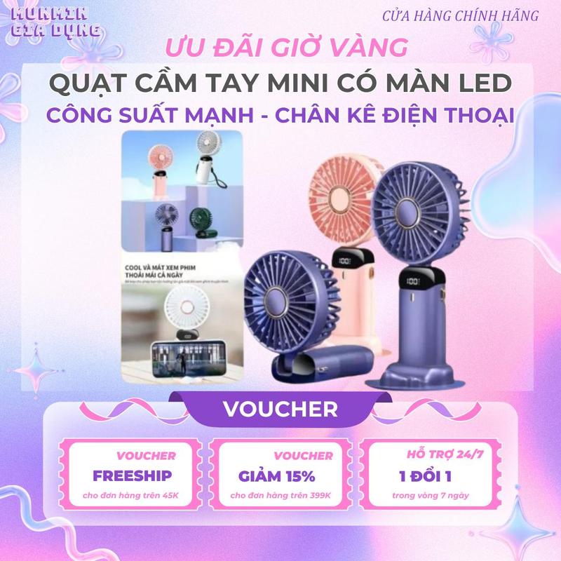 Quạt cầm tay mini tích điện 5 cấp độ - xoay linh hoạt 90 độ tặng dây đeo cổ có đèn led hiển thị
