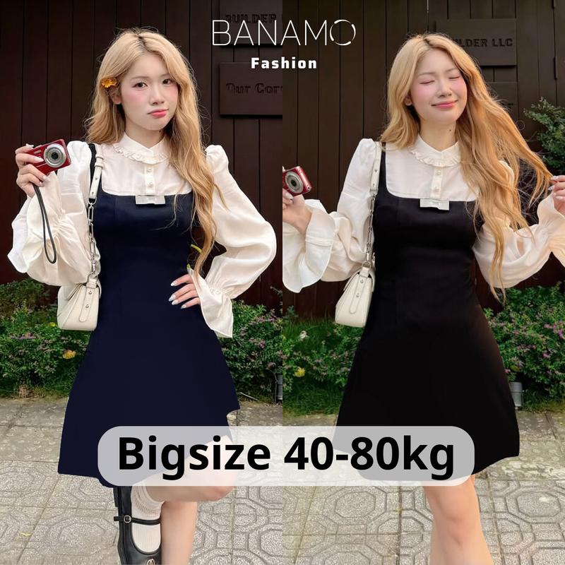 Đầm nữ BIGSIZE Banamo Fashion váy yếm phối sơ mi trắng cổ viền bèo dài tay dáng chữ A thanh lịch 5316