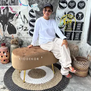 Bench Oval Golden 90x40x45 - Bench Kaki Emas - Bench Kancing Kristal - Bench Premium - Bench Murah - Sofa Premium - Sofa Termurah - Sofa Minimalis