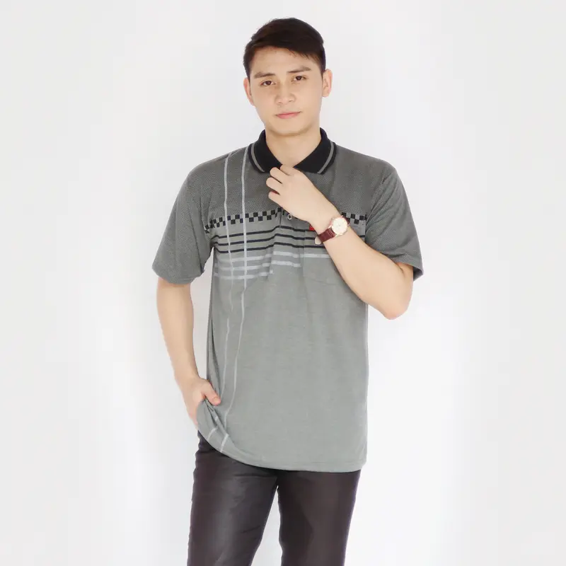 Sc - Baju Katun Motif Batik Lengan Pendek Pria Dewasa Distro - Kaos Saku Kerah Polo Atasan Cowok Santai Abu Panjang 4