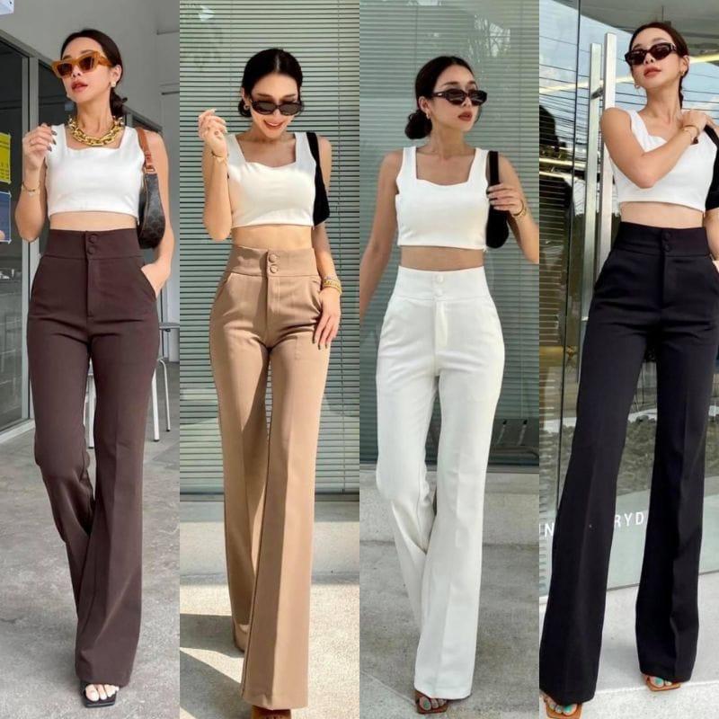 PROMTTHONG PANTS DAN JUMBO CELANA WANITA Kancing Karet Panjang  Scuba  Kulot  Basic  Casual  Kerja  Tebal  Kantor Hitam 4