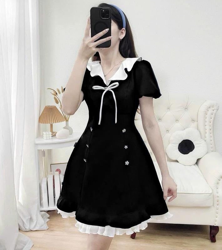 Đầm Váy Dáng Xòe Ngắn Tay Cổ Bèo Nơ Thời Trang Nữ