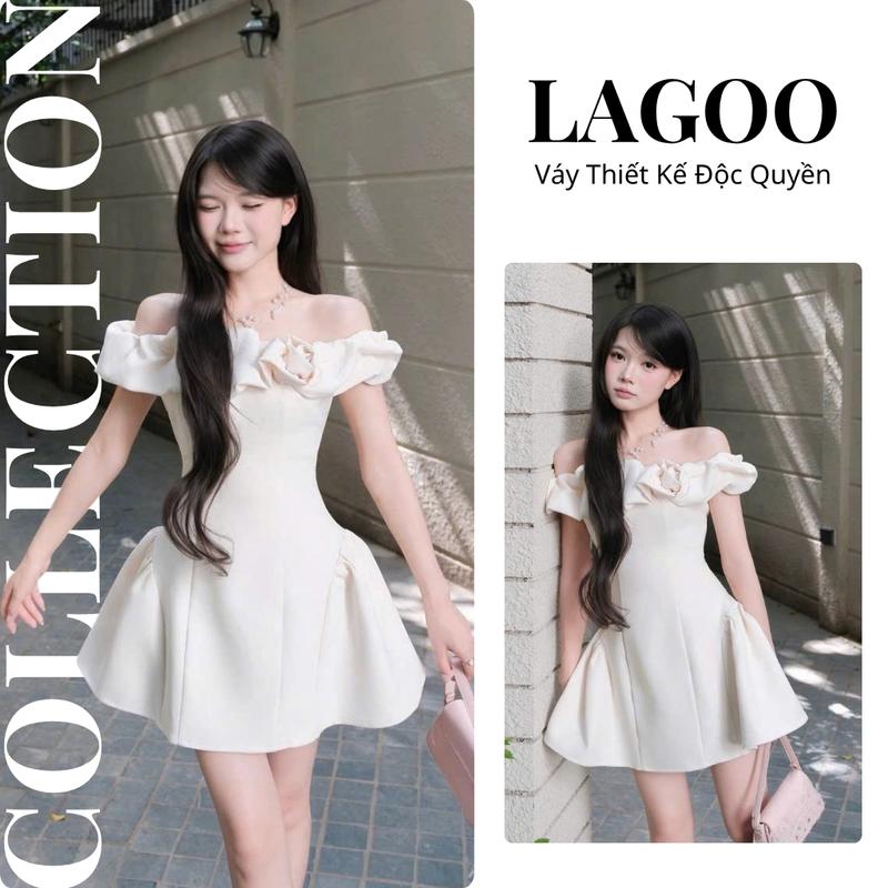 Váy Nina Trễ Vai Điệu Đà Xinh Xắn, Đầm Ngắn Chiết Eo Tôn Dáng Phong Cách Tiểu Thư Nhẹ Nhàng Lagoo