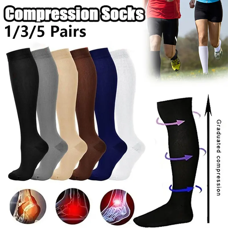 [Back To Nature] 1/3/5Pairs Unisex Compression Long Socks Women Men Pressure Varicose Veins Leg Running Natural Hiking Basketball Outdoor Sports Socks Knee Length Elastic Socks