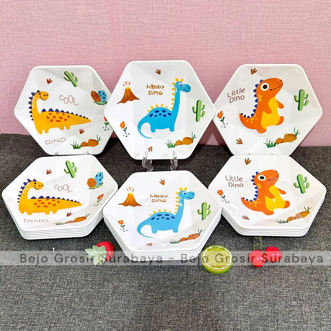 Piring Melamin Anak 9 inch (22,5 cm) Piring Segi Dino Alat Makan Kitchenware Piring Segi Enam Kue Snack Piring Karakter
