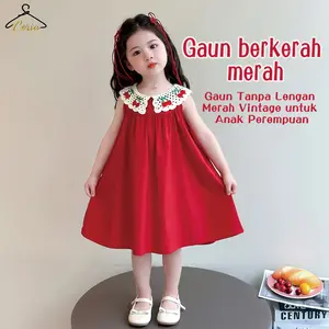 Ceria-Gaun Musim Panas Anak Perempuan / Gaun Tanpa Lengan Kerah Cherry Rajutan / Gaun Tanpa Lengan Tipis Merah