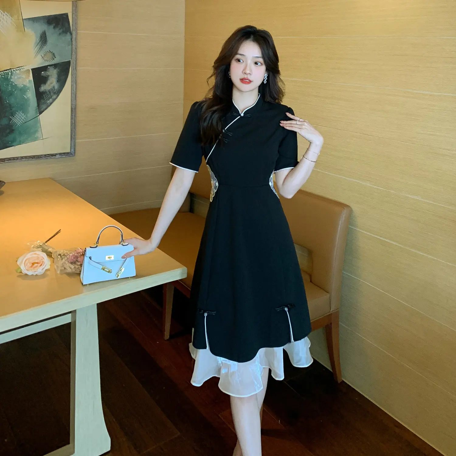 Váy Sườn Xám Phong Cách Trung Quốc, Mới, Thêu, Khâu, Thời Trang Đơn Giản, Lưới Có Bèo Nhún