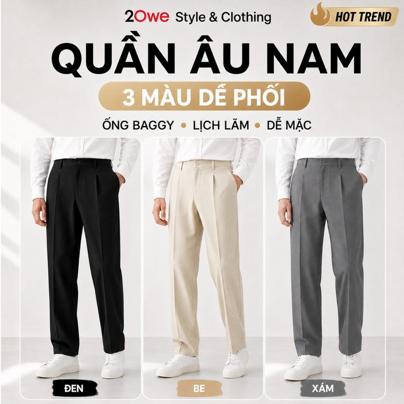 Quần Âu Nam Baggy Xếp Ly Vải Trượt Hàn, Quần Tây Nam Form Baggy Ống Gọn Màu Đen…