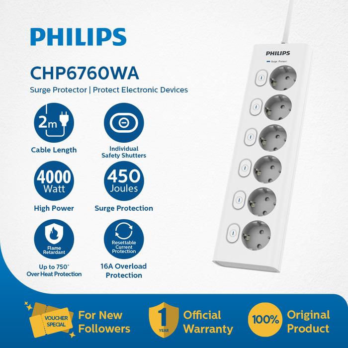 Gambar Philips Power Strip 6 Socket 2M CHP6760WA – Surge Protection 450J, 4000W, Overload Protection dari Philips Audio Kota Administrasi Jakarta Pusat Tokopedia