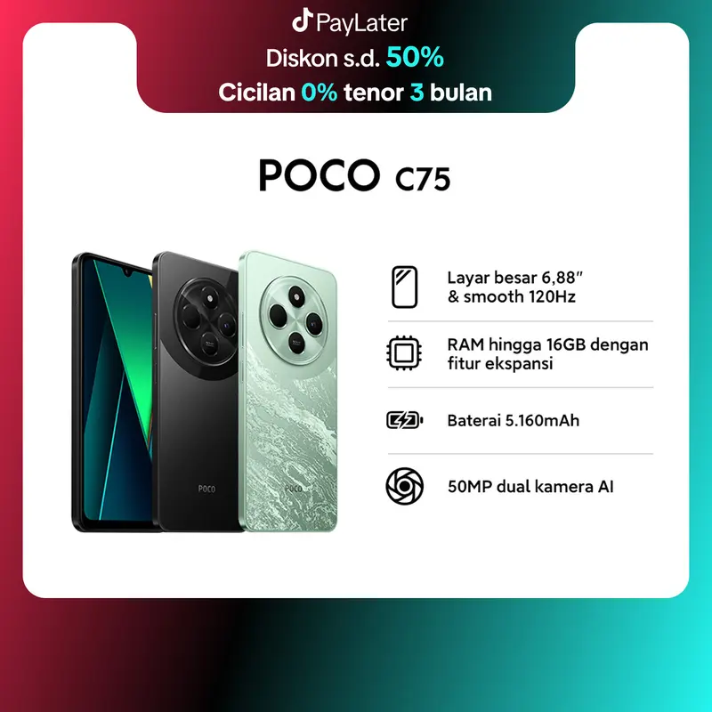 POCO C75 (6/128GB) (8/256GB) | Layar 6,88" | 50MP AI | Refresh rate 120 Hz | Baterai 5.160mAh | 18W Pengisian cepat | RAM hingga 16GB dengan fitur ekspansi | NFC | Garansi 15 bulan [Official Store] 0