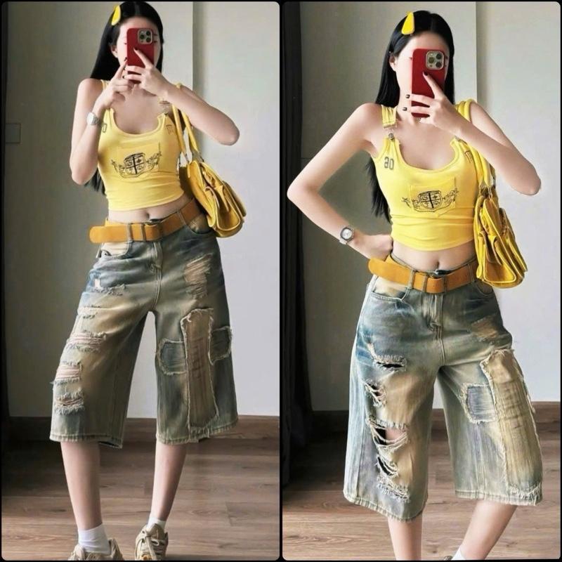    S - 2XL   Quần Jeans Lững Lưng Cao Ống rộng dài 60cm may chữ thập rách phối vẹt sơn. Chất jean Cotton mềm nhẹ không giản mặc rất thoải mái. 9047 