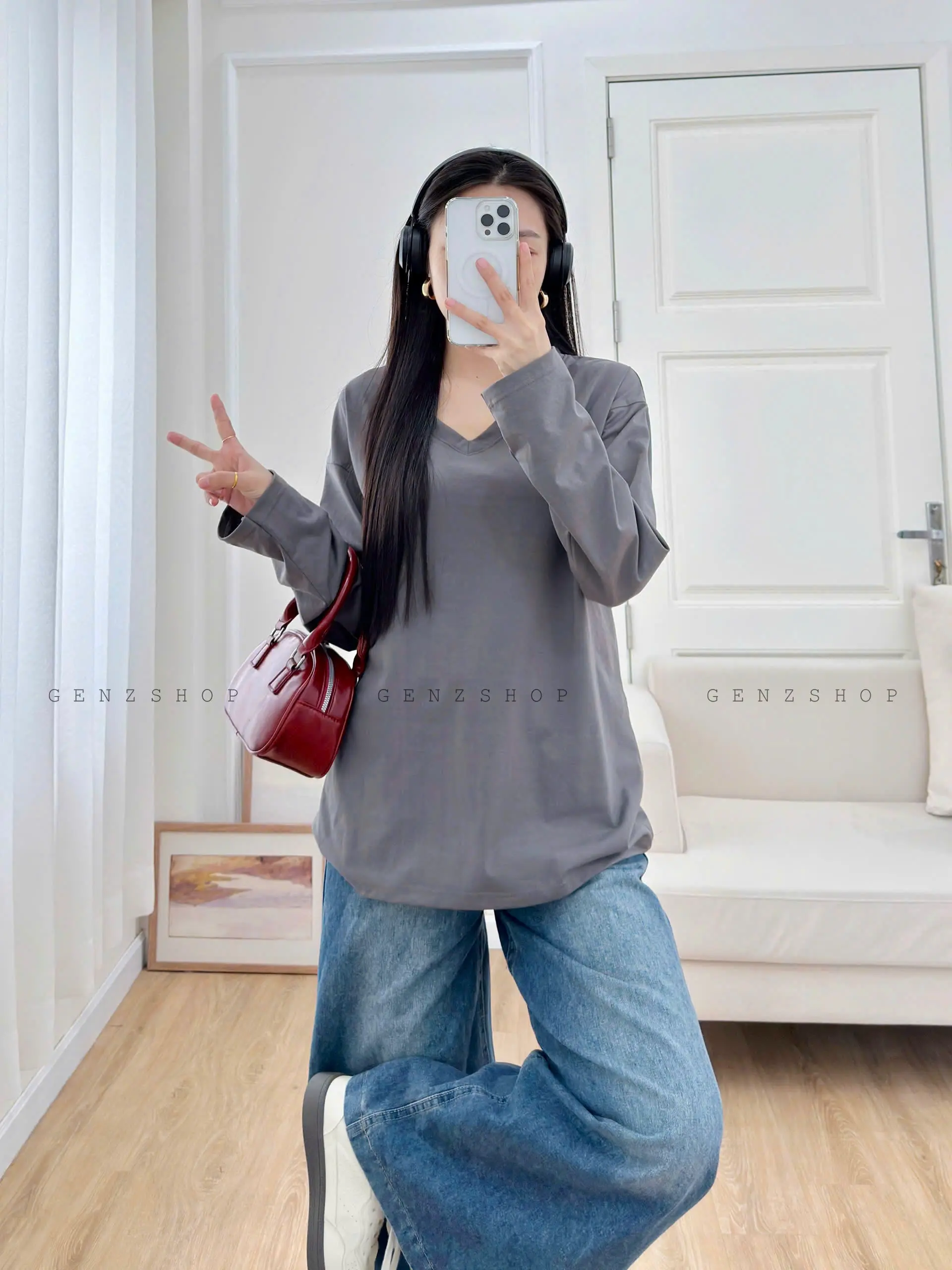 ÁO THUN TAY DÀI CỔ TIM TRƠN FORM RỘNG CHẤT COTTON DỄ PHỐI ĐỒ Nữ Women | BigBuy360 - bigbuy360.vn