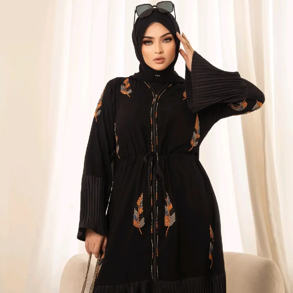 Abaya Jamil Jet Black Bonanza Kombinasi Plisket & Payet Manual Elegan Muslim Wanita Dress Maxi Syari Lebaran - Hitam, Turki, Lembut, Navy