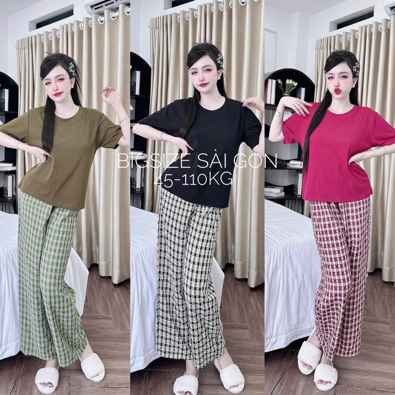 Thời Trang Bigsize Set Áo Thun Quần Caro Vải Cotton Bigsize Từ 45 - 110Kg Nữ Top Women Xoè - B.2501