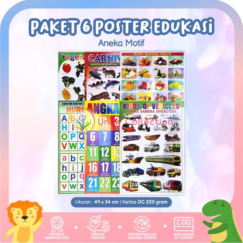 Paket 6 Poster Edukasi Anak Belajar Angka, Buah, Huruf ABC , - Shop ...