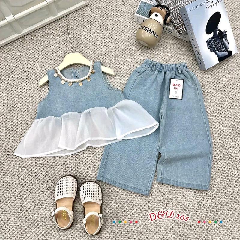 [MeoKids] D42 - Set Bộ Áo Jean Bèo Phối Phụ Kiện Gắn Cổ Sang Chảnh Kèm Quần Jean Suông