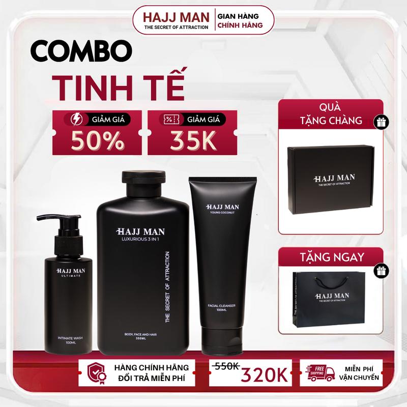  Combo Tinh Tế - Sữa tắm gội 3 in 1 HAJJ MAN 350ml & Sữa rửa mặt 100ml & Dung dịch vệ sinh 100ml hương nước hoa cao cấp Dưỡng Body 