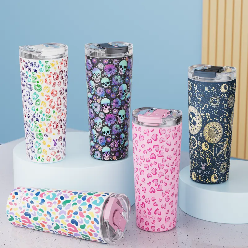 【 Meoky Tumbler 】 24 Oz Car Water Bottle, Cute Water Bottle, Tumbler, Made Of Food Grade Stainless Steel Material, Non-Slip Bottom, Two Drinking Design Coffee Cups, Can Keep Warm For 8 Hours Or Cool For 24 Hours, Holiday Gift 0