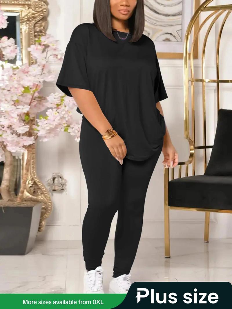 Product Introduction of 【Plus Size】 Solid Color Tee & Skinny Pants Two-Piece Set, Casual Round Neck T-Shirt & Trousers for Daily Wear, Women's Two-Piece Set for All Seasons 1