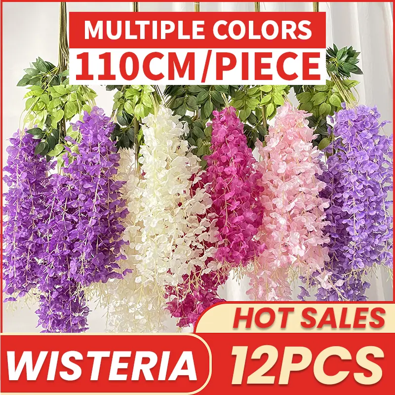 24pcs Artificial Wisteria Vine 3.6 Feet Fake Flowers Rattan Hanging Garland Silk Flowers String flower chandelier bungastrawgantung sejagat tulip-biru