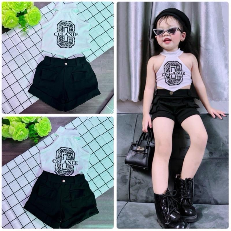 Set Cá Tính Áo Thun Cổ Yếm Phồi Quần Sort Có Túi Cho Bé Gái