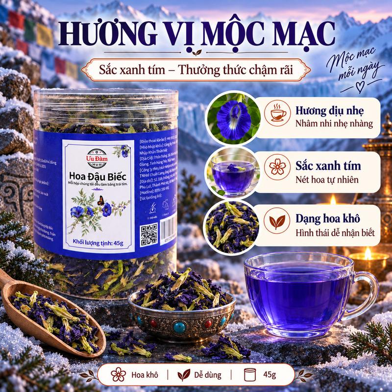 Ưu Đàm Trà Hoa Đậu Biếc Khô 45 G, Không Phụ Gia, Màu Xanh Tự Nhiên, Pha Nước Uống, Làm Bánh Và Pha Chế
