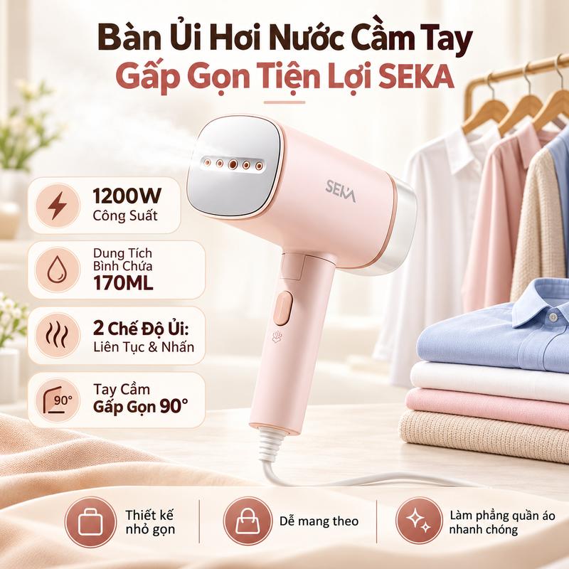 Bàn Ủi Hơi Nước Cầm Tay SEKA 1200W, Gấp Gọn 90 Độ, 2 Chế Độ Ủi