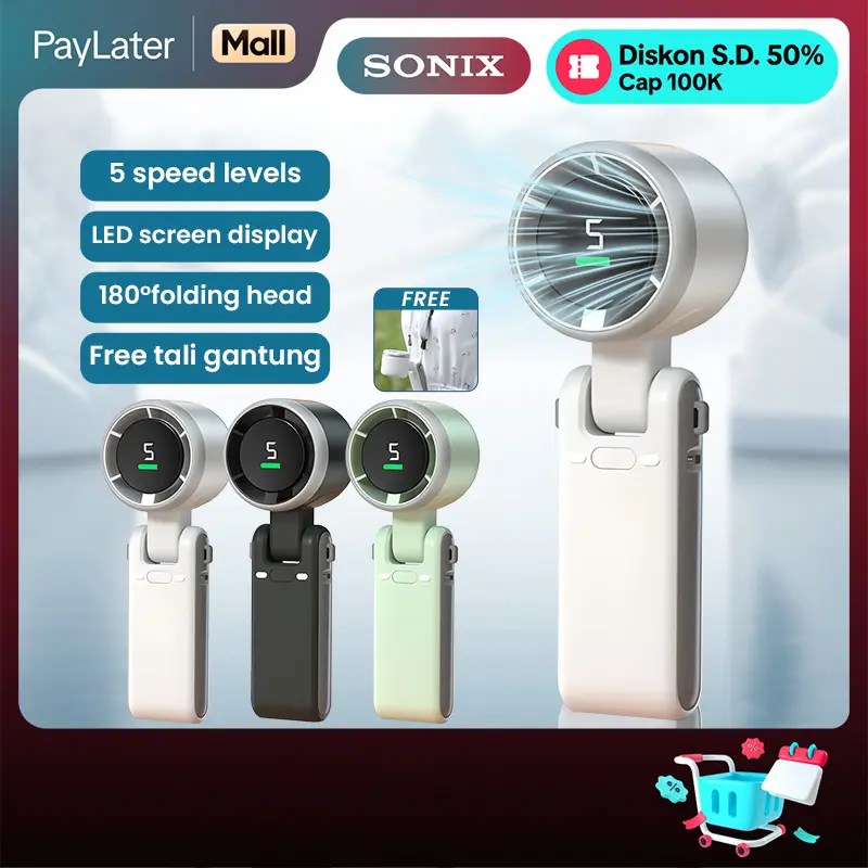 Sonix Kipas Angin Mini Portable SF06 5 Gear Wind dapat dilipat Digital Display Adjustable Turbo kipas tangan USB