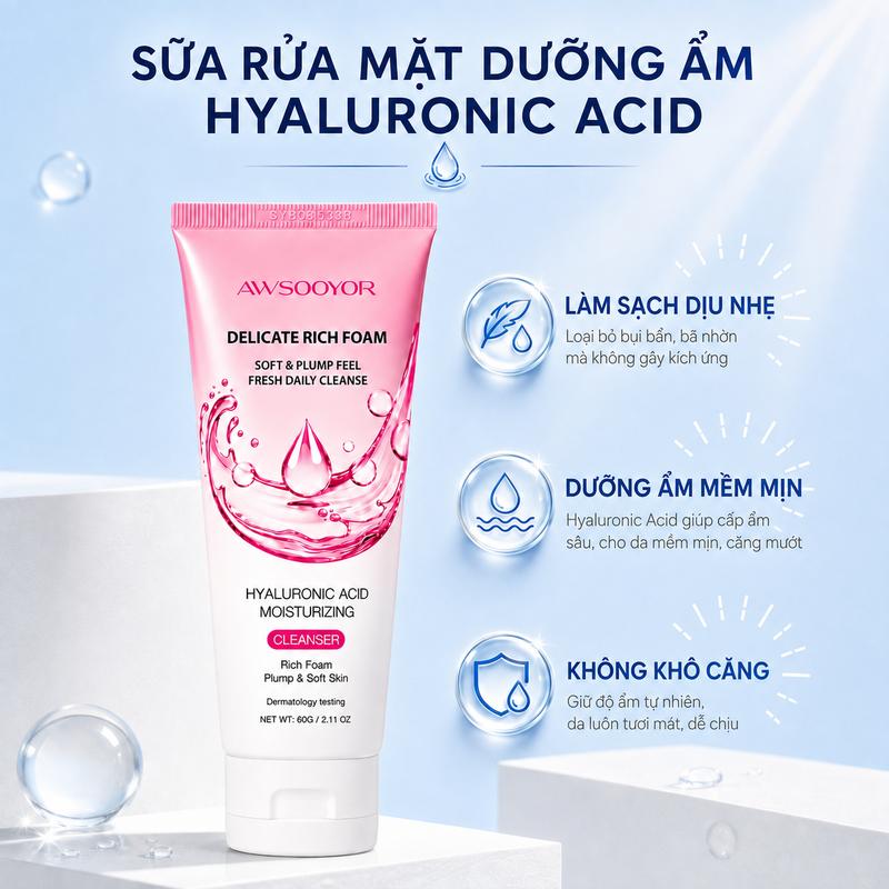 Sữa rửa mặt dưỡng ẩm Hyaluronic Acid tạo bọt dễ dàng, bọt mịn dễ massage, 60g, cho cảm giác sạch thoải mái, da mềm sau khi rửa mỗi ngày