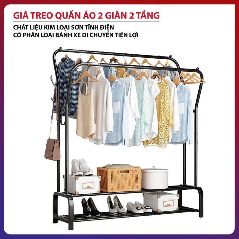 Giá Treo Quần Áo 2 Giàn Treo Bằng Sắt Sơn Tĩnh Điện Kệ Treo Quần Áo Có 2 Tầng Chứa Đồ Tiện Lợi Lắp Ráp Đơn Giản