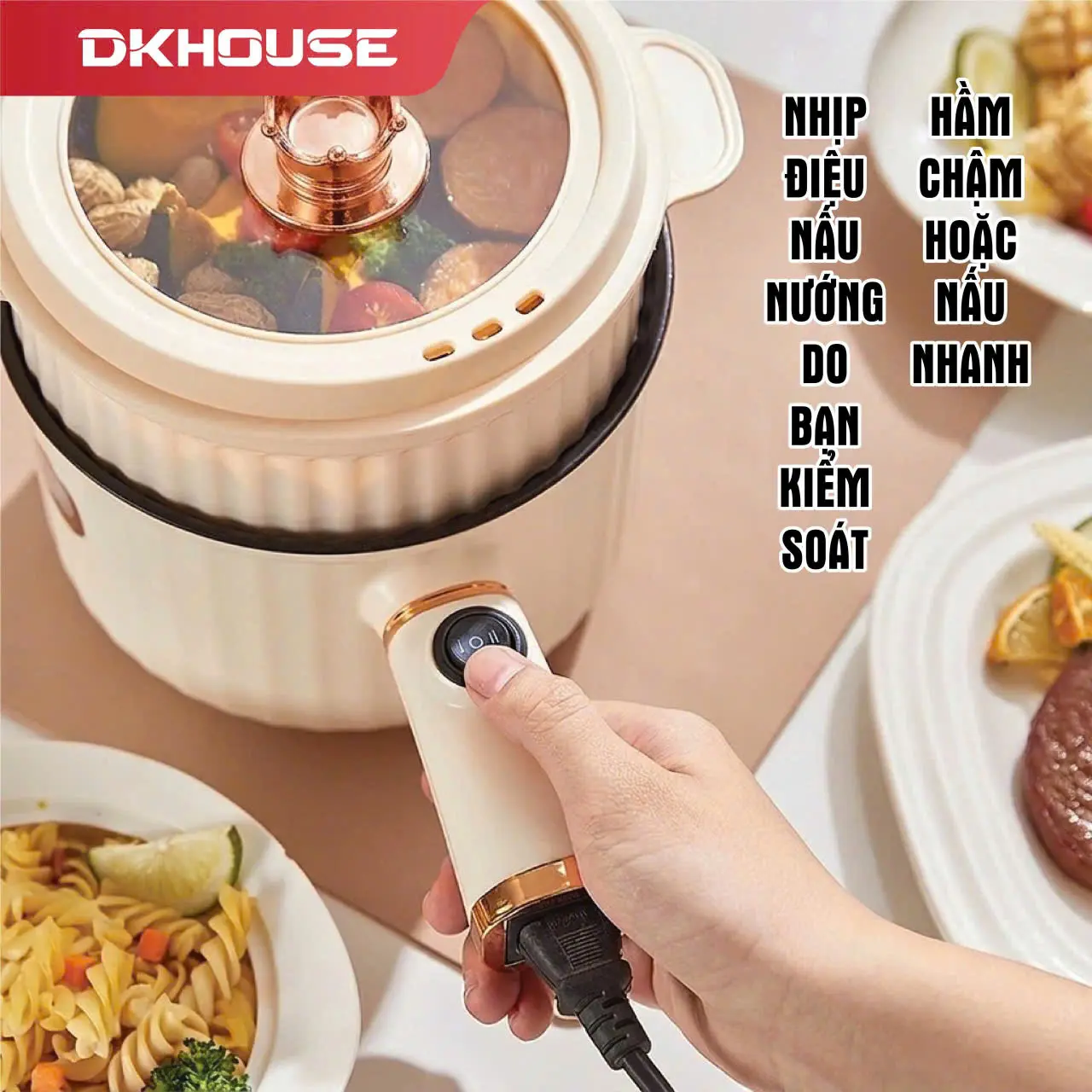 DKHOUSE Nồi Điện Đa Năng 1.8L Nấu Mì, Nấu Canh, Hấp, Xào, Lẩu Các Món, Tặng Vỉ Hấp
