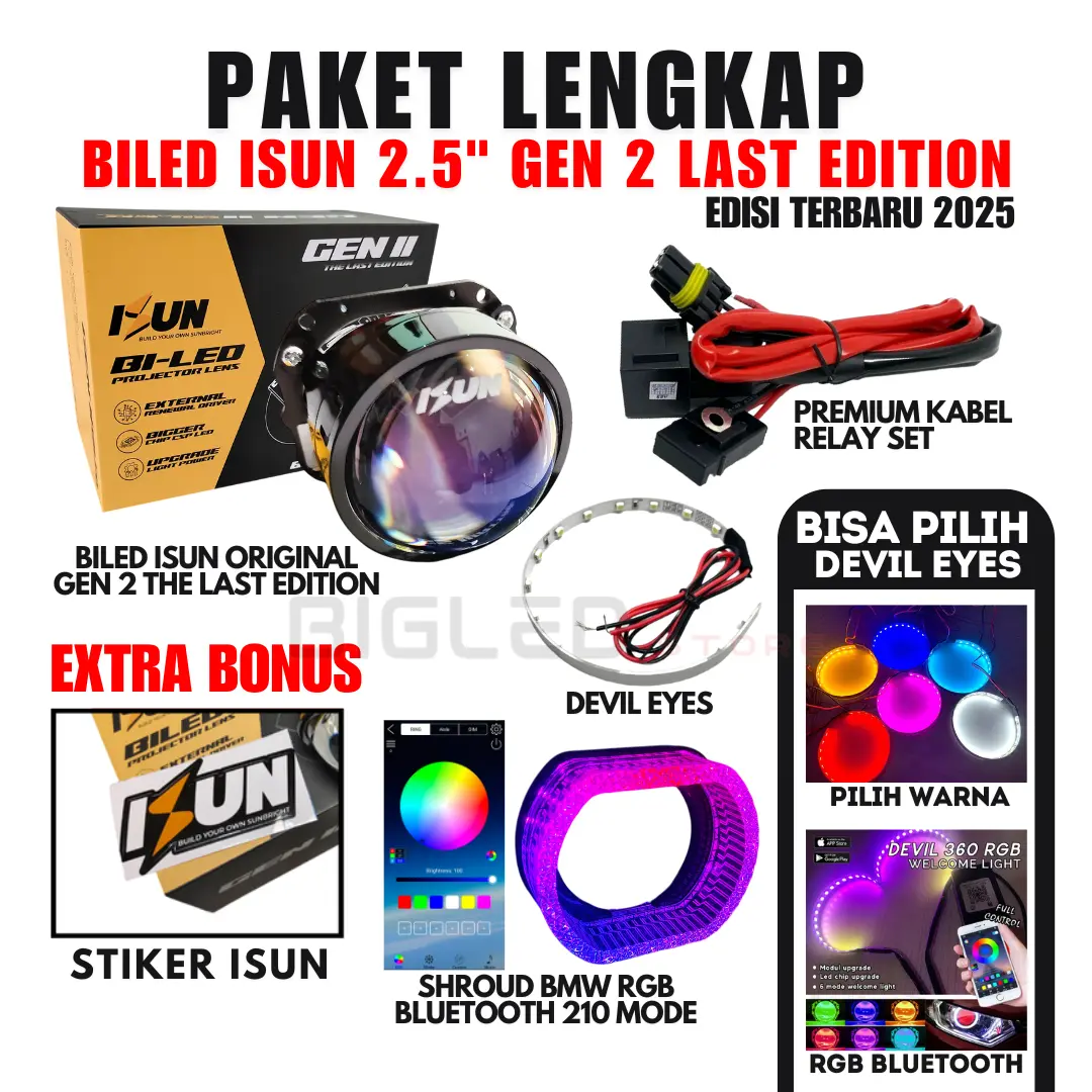 PAKET HEMAT BILED ISUN GEN 2 Lengkap dengan Shroud, Demon dan Kabel Relay Tinggal Pasang Blue-Lens