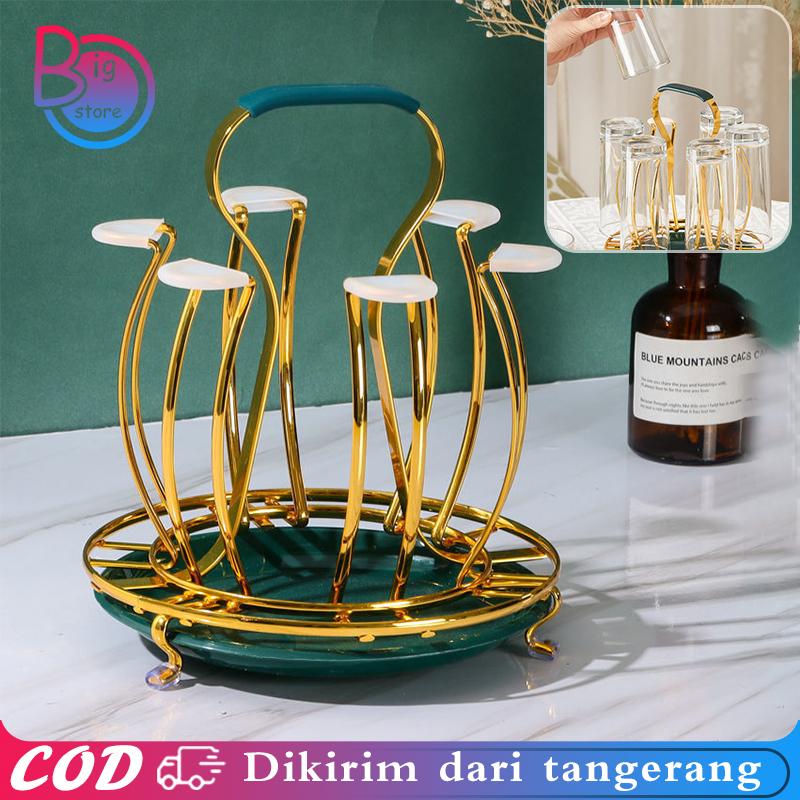 Rak Gelas Emas Hijau rak cangkir gantung 6 Cangkir Pemegang Rak Mug Berdiri Kopi Dengan Nampan Silikon Besi 0
