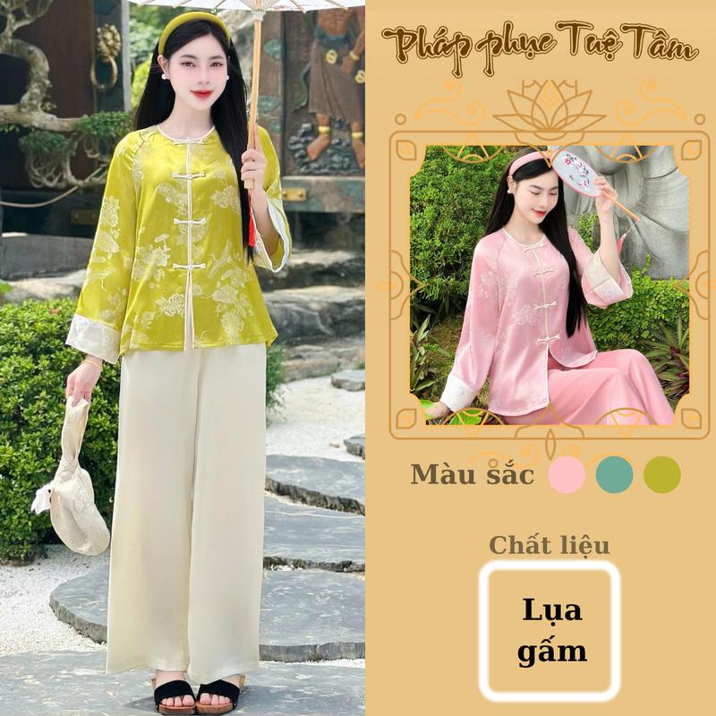  Set đồ đi chùa nhiều họa tiết chất liệu lụa gấm Tô Châu phối viền pháp phục thiết kế nhiều màu cao cấp sang trọng 