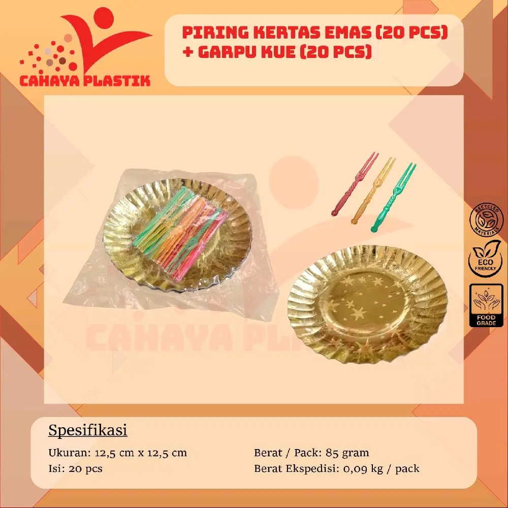 20 Set Piring Kertas Mas + Garpu Kue Ulang Tahun / Piring Kertas / Piring Kue / Tatakan Kue Emas Kuning Buah