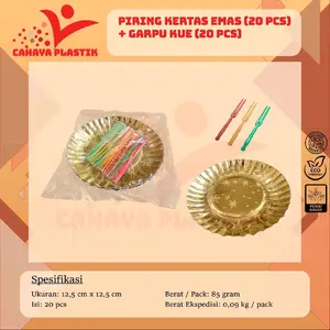 20 Set Piring Kertas Mas + Garpu Kue Ulang Tahun / Piring Kertas / Piring Kue / Tatakan Kue Emas Kuning Buah